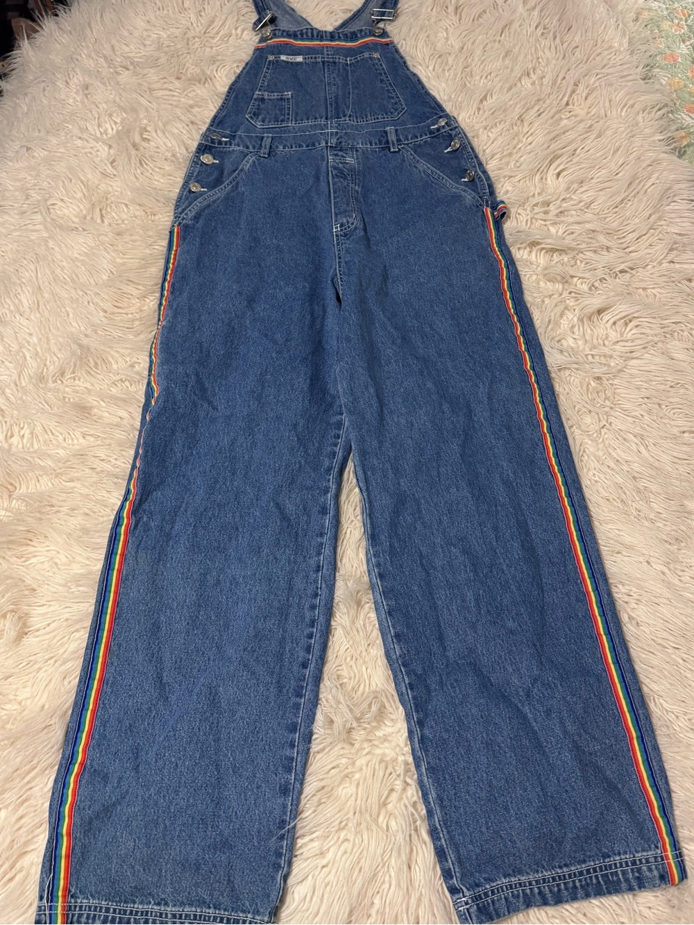 Revolt Vintage 90’s Overalls Rainbow Trim Size Medium Wide Leg Denim